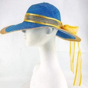 Chatties Blue Straw Wide Brim Sun Hat with Yellow Ribbon Bow OS